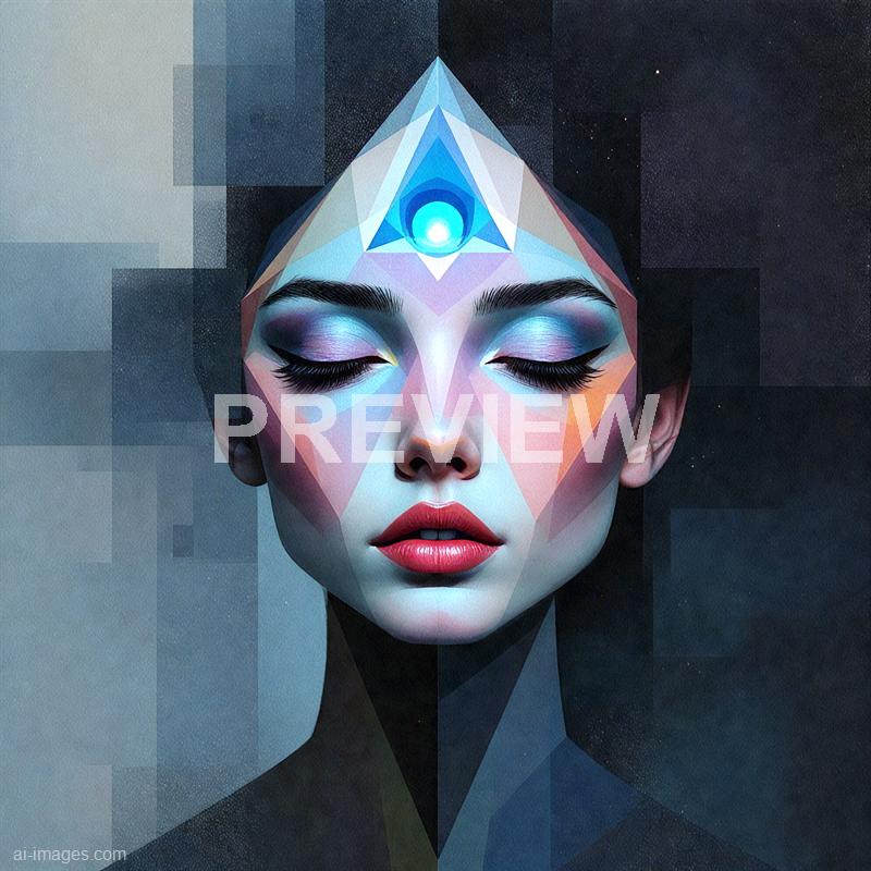 The image features a digitally created portrait of a woman with her eyes closed, showcasing vibrant makeup with shimmering eyeshadow in pastel shades and bold eyeliner. Her face is overlaid with geometric, polygonal patterns that resemble a digital or futuristic design, with a glowing blue orb placed on her forehead, suggesting a mystical or technological theme. The background is dark and textured, contrasting sharply with the bright and detailed features of her face and the luminous elements on her forehead.